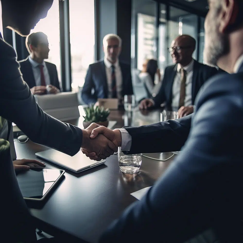 Home 7 Business handshake meeting corporate office with accounting deal agreement shaking hands collaboration teamwork motivation executive team with ai generated success b2b project
